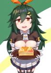  absurdres blush breasts buttons cake cetme_ameli_(girls_frontline) cleavage cleavage_cutout food girls_frontline giving gloves green_hair headband highres holding large_breasts long_hair looking_at_viewer open_mouth red_eyes rifusutaku simple_background skirt solo thighhighs tray 