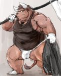  2016 barazoku bovine bulge cattle clothed clothing eyewear facing_aside flag full_portrait fundoshi glasses gloves japanese_clothing kemono kotobuki looking_aside male mammal muscular nose_steam obese overweight partially_clothed simple_background solo standing sweat underwear undressing 