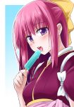  blue_background bow commentary_request food gradient gradient_background hair_bow ichimi japanese_clothes kamikaze_(kantai_collection) kantai_collection kimono long_hair meiji_schoolgirl_uniform open_mouth pink_hair popsicle purple_eyes red_kimono solo tasuki upper_body yellow_bow 