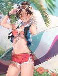  :d alternate_costume arm_up bangs bare_shoulders bikini bikini_under_clothes blue_vest blush breasts brown_eyes brown_hair cleavage collarbone cowboy_shot d.va_(overwatch) day earrings eyebrows_visible_through_hair facial_mark floral_print flower front-tie_bikini front-tie_top glint hair_flower hair_ornament hibiscus highres holding jewelry key lino_chang looking_at_viewer medium_breasts nail_polish navel open_clothes open_mouth open_vest outdoors overwatch palm_tree parted_bangs pink_bikini_top pink_nails ponytail print_bikini red_shorts ribbon shadow shiny shiny_hair short_hair shorts side-tie_bikini smile solo sunlight surfboard swimsuit teeth thighs tree underboob vest water waveracer_d.va wet whisker_markings white_flower white_ribbon wristband 