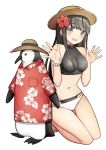  :d animal bangs bare_arms bare_legs bare_shoulders barefoot bikini bird black_bikini black_hair blush bracelet breast_pocket breasts brown_hat clothed_animal collared_shirt commentary eyebrows_visible_through_hair flower grey_eyes hair_flower hair_ornament halter_top halterneck hands_up hat head_tilt jewelry kneeling kurata_rine long_hair medium_breasts navel open_mouth original pearl_bracelet penguin pocket red_flower red_shirt shirt short_sleeves simple_background smile solo sun_hat swimsuit toenails very_long_hair white_background white_bikini_bottom 