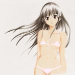  1girl arms_behind_back bikini black_hair blush breasts brown_eyes long_hair looking_at_viewer medium_breasts micro_bikini navel original parted_lips pink_bikini solo standing swimsuit traditional_media wind yabuno_zoku_hisa 