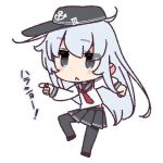  :&lt; anchor_symbol blue_eyes blush chibi commentary_request eyebrows_visible_through_hair flat_cap full_body genba_neko grey_hair hat hibiki_(kantai_collection) kantai_collection long_hair pantyhose pleated_skirt school_uniform serafuku simple_background skirt solo standing standing_on_one_leg white_background yoru_nai 