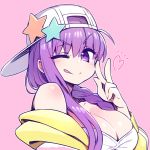  ;q bangs bare_shoulders bb_(fate)_(all) bb_(swimsuit_mooncancer)_(fate) bikini blush braid breasts chan_co cleavage collarbone eyebrows_visible_through_hair fate/grand_order fate_(series) hat heart large_breasts long_hair looking_at_viewer one_eye_closed purple_eyes purple_hair simple_background smile solo star swimsuit tongue tongue_out upper_body v 