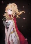  absurdres angelia birkai black_background blonde_hair breasts cape cleavage green_eyes highres long_hair looking_at_viewer medium_breasts red_cape sdorica_-sunset- smile solo standing tiara 