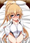  bed black-framed_eyewear blonde_hair blue_eyes blush commentary_request competition_swimsuit fate/grand_order fate_(series) full-face_blush glasses highres holding holding_jacket jacket jeanne_d'arc_(fate)_(all) jeanne_d'arc_(swimsuit_archer) long_hair looking_at_viewer on_bed one-piece_swimsuit open_clothes open_jacket pillow ponytail semi-rimless_eyewear sitting sitting_on_bed smile solo suiruu_(yuriusu) sweatdrop swimsuit thigh_gap under-rim_eyewear very_long_hair whistle whistle_around_neck 