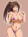  00s 1girl bikini blush breasts brown_background brown_eyes brown_hair cleavage eyebrows_visible_through_hair eyes_visible_through_hair ichigo_100_percent inabakun00 kitaooji_satsuki large_breasts light_smile long_hair looking_at_viewer matching_hair/eyes micro_bikini navel pink_bikini pointing ponytail simple_background solo standing swimsuit 