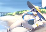  beach big_breasts boss_monster breasts caprine clothing dessert female floppy_ears food fur furgonomics hat hi_res holding_food holding_object horn ice_cream looking_at_viewer mammal navel overweight overweight_female seaside solo sun swimsuit toriel tsampikos undertale video_games white_fur 