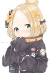  :o abigail_williams_(fate/grand_order) bangs black_bow black_jacket blonde_hair blue_eyes blush bow crossed_bandaids dated eyebrows_visible_through_hair fate/grand_order fate_(series) hair_bow hair_bun hands_up head_tilt heroic_spirit_traveling_outfit jacket long_hair long_sleeves looking_at_viewer orange_bow parted_bangs parted_lips parusu_(ehyfhugj) polka_dot polka_dot_bow simple_background sleeves_past_fingers sleeves_past_wrists solo white_background 