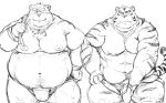  2016 barazoku bear black_and_white clothed clothing duo facing_viewer feline fundoshi japanese_clothing kemono kneeling kotobuki looking_at_viewer male mammal monochrome muscular obese overweight partially_clothed penis simple_background sketch three-quarter_profile tiger towel underwear undressing white_background 