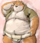  2016 barazoku blush canine clothed clothing dog fundoshi hand_on_head hoodie japanese_clothing kemono kotobuki looking_aside male mammal muscular nose_steam obese overweight partially_clothed portrait simple_background solo sweat three-quarter_portrait underwear 