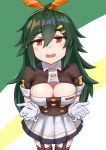  absurdres blush breasts buttons cetme_ameli_(girls_frontline) cleavage cleavage_cutout commentary girls_frontline gloves green_hair headband highres incoming_hug large_breasts long_hair looking_at_viewer open_mouth red_eyes rifusutaku simple_background skirt solo thighhighs 