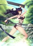  adsouto animal_ears arm_up armpits artist_name bikini black_bikini black_hair blake_belladonna blue_sky blush breasts cat_ears cleavage collarbone covered_nipples day floating_hair forest gambol_shroud hair_between_eyes highres holding holding_sword holding_weapon large_breasts long_hair nature open_mouth outdoors rwby sky solo standing sunlight swimsuit sword very_long_hair wading weapon yellow_eyes 