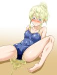  1girl arm_support asobi_asobase barefoot blonde_hair blue_swimsuit blush breasts collarbone ear_blush embarrassed eyebrows_visible_through_hair female gradient gradient_background hair_bun half-closed_eyes keitoku knee_up looking_at_viewer medium_breasts nose_blush olivia_(asobi_asobase) one-piece_swimsuit peeing peeing_self puddle shiny shiny_clothes shiny_skin simple_background sitting solo spaghetti_strap spread_legs swimsuit tears tied_hair wet wet_clothes white_background yellow_background 