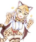  :d animal_ear_fluff animal_ears animal_print blonde_hair bow bowtie brown_hair cat_ears cat_tail claw_pose commentary_request cowboy_shot dnsdltkfkd extra_ears eyebrows_visible_through_hair fang geoffroy's_cat_(kemono_friends) gradient_hair hair_between_eyes hair_ribbon kemono_friends korean_commentary leaning_forward long_hair long_sleeves looking_at_viewer low_twintails multicolored_hair open_mouth print_legwear print_neckwear print_shirt print_skirt ribbon shirt simple_background skindentation skirt sleeves_past_wrists smile solo striped_tail suspender_skirt suspenders tail thigh_gap thighhighs twintails very_long_hair white_background white_ribbon yellow_eyes zettai_ryouiki 