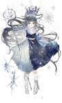  black_dress broken broken_chain chain crown dress fantasy grey_hair holding holding_wand jewelry long_hair looking_at_viewer necklace original silver_shoes simple_background star starry_sky_print two-tone_dress vertigowitch very_long_hair wand white_dress white_legwear 