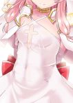  arms_behind_back breasts bridal_gauntlets covered_navel dress elbow_gloves gloves head_out_of_frame iris_(sennen_sensou_aigis) jewelry kan_ten long_hair neck_ring pink_hair sennen_sensou_aigis small_breasts smile solo standing white_background white_dress 