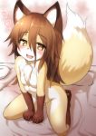  :d animal_ears barefoot between_legs blush brown_eyes brown_hair commentary_request eyebrows_visible_through_hair fang fox_ears fox_tail furry hair_between_eyes hand_between_legs heart highres kneeling kyabe_tsuka long_hair looking_at_viewer nude open_mouth original smile solo tail 