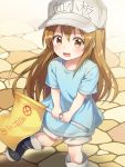  :d bangs black_footwear blue_shirt blush boots brown_eyes brown_shorts caramell0501 character_name clothes_writing commentary eyebrows_visible_through_hair flag flat_cap grey_hat hair_between_eyes hat hataraku_saibou holding holding_flag light_brown_hair long_hair open_mouth platelet_(hataraku_saibou) shirt short_shorts short_sleeves shorts smile solo standing standing_on_one_leg translation_request very_long_hair 