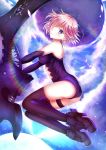  bare_shoulders black_footwear black_gloves boots elbow_gloves eyebrows_visible_through_hair fate/grand_order fate_(series) floating_hair full_body gloves hair_over_one_eye highres leotard mash_kyrielight parted_lips pink_hair purple_eyes purple_leotard shiny shiny_hair shiny_skin short_hair soda_(sodachuxd) solo thigh_boots thigh_strap thighhighs 