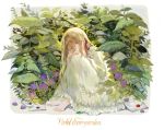  alternate_costume alternate_hairstyle barefoot blue_eyes brooch brooch_removed character_name copyright_name dress envelope flower hair_between_eyes hair_ribbon hands_on_own_knees jewelry knees_up letter long_hair long_sleeves looking_at_viewer outdoors plant red_ribbon ribbon vertigowitch violet_evergarden violet_evergarden_(character) wax_seal white_dress 