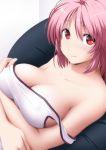  arms_under_breasts blush breast_hold breasts collarbone commentary eyebrows_visible_through_hair eyes_visible_through_hair hair_between_eyes highres large_breasts looking_at_viewer nori_tamago red_eyes saigyouji_yuyuko short_hair smile solo strap_slip sweat tank_top touhou 