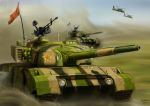  aircraft caterpillar_tracks chinese_commentary commentary_request day flag grass ground_vehicle gun helicopter highres kangri_jian machine_gun military military_vehicle motor_vehicle no_humans original tank type_96_tank_(ztz-96) weapon 