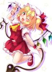 ;d aka_tawashi arm_up ascot bangs blonde_hair blush bobby_socks breasts commentary_request crystal eyebrows_visible_through_hair fang flandre_scarlet full_body hair_between_eyes hat hat_ribbon highres holding jumping laevatein looking_at_viewer mary_janes medium_breasts midriff_peek miniskirt mob_cap one_eye_closed one_side_up open_mouth petticoat red_eyes red_footwear red_ribbon red_skirt red_vest ribbon shoes short_hair silhouette simple_background skirt smile socks solo star thighs touhou v vest white_background white_hat white_legwear wings wrist_cuffs yellow_neckwear 