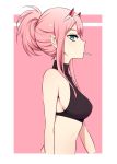  bare_shoulders border breasts commentary cropped_arms cropped_torso darling_in_the_franxx english_commentary from_side green_eyes highres horns k_016002 medium_breasts mouth_hold outside_border pink_background pink_hair profile protected_link short_ponytail sideboob sidelocks solo upper_body white_border zero_two_(darling_in_the_franxx) 