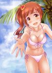  :d bikini blue_sky blush breasts brown_hair cleavage cloud collarbone cowboy_shot day eyebrows_visible_through_hair flower from_below hair_flower hair_ornament head_tilt hibiscus idolmaster idolmaster_cinderella_girls igarashi_kyouko kanbee0000 leaning_forward long_hair looking_at_viewer medium_breasts navel open_mouth outdoors outstretched_arm palm_tree pink_bikini pink_ribbon ribbon shiny shiny_hair side-tie_bikini side_ponytail sideboob sky smile solo standing sunlight swimsuit tree yellow_eyes 