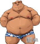  2016 barazoku bear blush bulge clothing eyes_closed facing_viewer grizzly_bear hands_behind_back japanese_text kemono kneeling kotobuki male mammal muscular obese overweight portrait simple_background solo swimming_trunks swimsuit text three-quarter_portrait white_background 