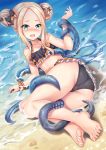  abigail_williams_(fate/grand_order) alternate_hairstyle ass bangs bare_shoulders beach bikini black_bikini black_bow blonde_hair blue_eyes blush bow breasts commentary_request day double_bun emerald_float fate/grand_order fate_(series) feet forehead frilled_bikini frills full_body hair_bow highres hips legs long_hair looking_at_viewer miniskirt orange_bow parted_bangs polka_dot polka_dot_bow seashell shell shimokirin skirt small_breasts solo swimsuit tearing_up tentacles thighs 