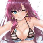  bad_id bad_pixiv_id bangs bare_shoulders bikini blue_eyes blush breasts brown_hair cleavage closed_mouth collarbone commentary_request earrings eyebrows_visible_through_hair hair_between_eyes ichinose_shiki idolmaster idolmaster_cinderella_girls jewelry large_breasts lips long_hair looking_at_viewer miyako_(miyako_lplover) necklace one_eye_closed simple_background smile solo striped striped_bikini swimsuit upper_body wavy_hair wet white_background 