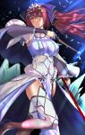  breasts commentary dress fate/grand_order fate_(series) fur_trim hair_between_eyes highres kurosawa_(hjkl42332) large_breasts long_hair looking_at_viewer purple_eyes purple_hair scathach_(fate)_(all) scathach_skadi_(fate/grand_order) solo thighhighs tiara wand white_dress 