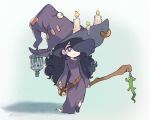  belt big_hair blue_background blue_eyes boots bright_pupils candle chibi closed_mouth commentary dress english_commentary hair_over_one_eye hat holding lantern lizard long_hair looking_at_viewer original purple_dress purple_footwear purple_hair purple_hat solo staff standing vial vins-mousseux witch witch_hat 