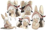  :3 animal_ears character_sheet commentary crying fangs from_behind furry hand_on_own_chin helmet horizontal_pupils kawasemi27 looking_at_viewer looking_down made_in_abyss medium_hair multiple_views nanachi_(made_in_abyss) open_clothes open_mouth pants paws pocket poses short_hair_with_long_locks sidelocks simple_background smirk squatting tail tears topless upper_body white_background yellow_eyes 