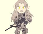  :d assault_rifle bangs camouflage chibi commentary dagger earrings fingerless_gloves gloves grey_background gun holding holding_gun holding_weapon jewelry knife limited_palette long_hair looking_at_viewer m4_carbine open_mouth parted_bangs pointy_ears princess_zelda rifle setz simple_background smile solo spot_color standing symbol_commentary the_legend_of_zelda the_legend_of_zelda:_a_link_between_worlds triforce trigger_discipline weapon weapon_request yellow_eyes 