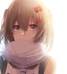  bare_shoulders blush brown_eyes brown_hair closed_mouth hair_ornament kantai_collection looking_at_viewer rinto_(rint_rnt) scarf sendai_(kantai_collection) simple_background smile solo tassel tears two_side_up upper_body white_background white_scarf 