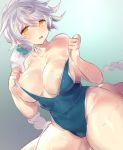  braid breasts commentary_request eyebrows_visible_through_hair gradient gradient_background hair_between_eyes highres kantai_collection large_breasts long_hair long_ponytail looking_at_viewer nipples one-piece_swimsuit ponytail single_braid sitting solo swimsuit undressing unryuu_(kantai_collection) white_hair yamaarashi yellow_eyes 