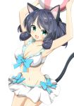  animal_ear_fluff animal_ears armpits arms_up ball beachball blue_ribbon breasts cat_ears cat_tail cleavage cyan_(show_by_rock!!) dark_blue_hair eyebrows_visible_through_hair green_eyes highres luluhavinera open_mouth ribbon show_by_rock!! solo swimsuit swimsuit_skirt tail white_swimsuit 