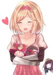  2girls :d absurdres bangs black_robe blonde_hair blush box brown_hair brown_shirt character_request collarbone commentary_request djeeta_(granblue_fantasy) eyebrows_visible_through_hair eyes_closed facing_viewer gauntlets gift gift_box granblue_fantasy hairband halo highres long_hair long_sleeves multiple_girls natsu_(sinker8c) object_hug open_mouth pale_skin pink_hairband pink_skirt puffy_short_sleeves puffy_sleeves shirt short_over_long_sleeves short_sleeves simple_background skirt smile solo_focus swept_bangs valentine white_background wide_sleeves 