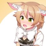  animal_ear_fluff animal_ears black-backed_jackal_(kemono_friends) blonde_hair blush bow bowtie collared_shirt commentary_request ears_down extra_ears eyebrows_visible_through_hair jackal_ears kemono_friends nose_blush shirt short_hair short_sleeves solo t-shirt tearing_up totokichi upper_body vest yellow_eyes 