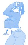  blue breasts closed_mouth clothes_writing contrapposto cowboy_shot crop_top crop_top_overhang denim despacito despacito_2 directional_arrow ekz_(drawfag) english fingernails hands_up highres huge_breasts long_sleeves looking_at_viewer meme monochrome original pants ponytail signature simple_background solo standing sweater v white_background 