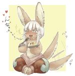 animal_ears blush border commentary eating fangs food furry happy_tears heart holding holding_plate holding_spoon horizontal_pupils kawasemi27 knees_apart_feet_together long_hair made_in_abyss multicolored multicolored_background nanachi_(made_in_abyss) nose_blush open_mouth pants paws plate pudding sidelocks sitting solo spoon tail tail_wagging tears topless whiskers white_border white_hair yellow_background yellow_eyes 