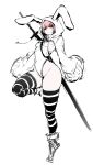  animal_hood bangs breasts bright_pupils bunny_hood commentary_request full_body highres hometa hood hood_up jitome leotard long_sleeves long_sword looking_at_viewer original pink_hair red_eyes short_hair simple_background sketch small_breasts solo standing standing_on_one_leg striped striped_legwear thighhighs weapon weapon_on_back white_background wide_sleeves 