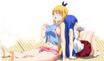  back-to-back bare_shoulders barefoot blonde_hair blue_hair blush bra breasts casual closed_eyes fairy_tail hot long_hair lucy_heartfilia medium_breasts midriff miniskirt multiple_girls navel open_mouth short_shorts shorts sideboob sitting skirt small_breasts sweat tank_top tatami underwear wendy_marvell 