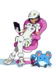  aether_foundation_employee bodysuit boots chair clipboard closed_mouth crossed_legs dark_skin gen_2_pokemon gloves hand_up holding holding_pen looking_at_viewer marill pen pokemon pokemon_(creature) pokemon_(game) pokemon_sm purple_hair short_hair signature simple_background sitting solo typo_(requiemdusk) white_background white_bodysuit white_footwear white_gloves yellow_eyes 