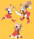  1girl blonde_hair boots crying dokan_(dkn) dress eyes_closed female open_mouth ponytail rockman rockman_(classic) roll simple_background sitting solo wariza yellow_background 