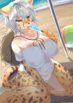 2018 anthro ball beach beach_ball big_breasts black_spots breasts cheetah clothing detailed_background dutch_angle feline female food front_view fur hair kneeling licking looking_at_viewer mammal markings nipple_bulge nuko0923 outside popsicle seaside shirt short_hair silver_hair solo spots spotted_fur tongue tongue_out yellow_eyes yellow_fur 