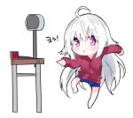  absurdres bangs barefoot blue_shorts blush chestnut_mouth chibi eyebrows_visible_through_hair genba_neko hair_between_eyes highres hood hood_down hoodie kamioka_shun'ya long_hair long_sleeves meme original parted_lips pointing purple_eyes red_hoodie rubik's_cube shiori_(kamioka_shun'ya) short_shorts shorts silver_hair solo standing standing_on_one_leg table translated very_long_hair white_background 